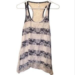 DNA Couture White Blue Striped Lace Roses Racerback Tank Top Large